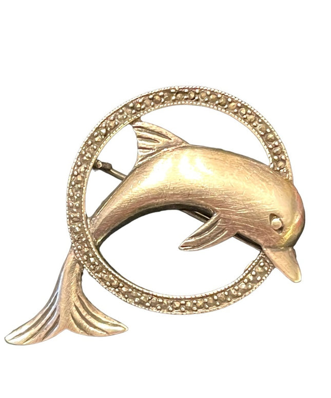 Super Sterling silver 925 Dolphin swimming brooch marcasite
