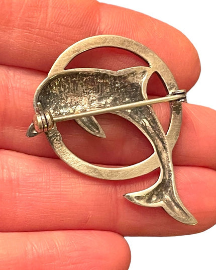 Super Sterling silver 925 Dolphin swimming brooch marcasite