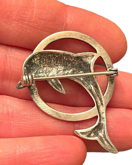 Super Sterling silver 925 Dolphin swimming brooch marcasite