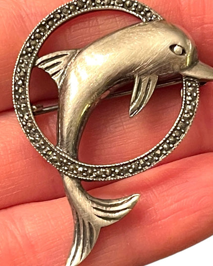 Super Sterling silver 925 Dolphin swimming brooch marcasite