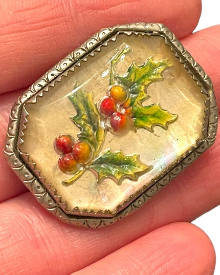Vintage 1940s silver finish Holly flower Mistletoe in resin ornate frame