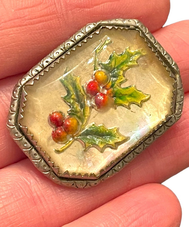 Vintage 1940s silver finish Holly flower Mistletoe in resin ornate frame