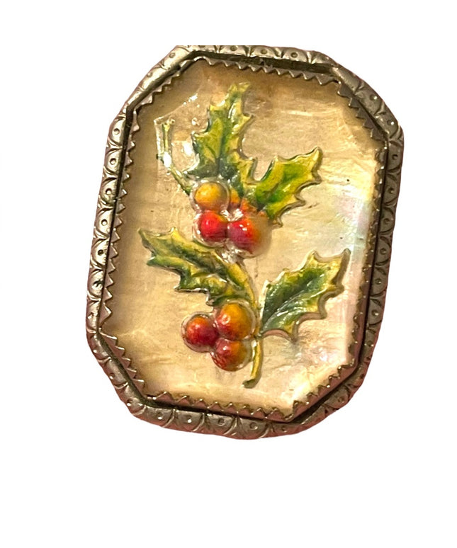 Vintage 1940s silver finish Holly flower Mistletoe in resin ornate frame
