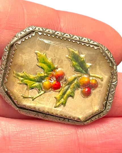 Vintage 1940s silver finish Holly flower Mistletoe in resin ornate frame