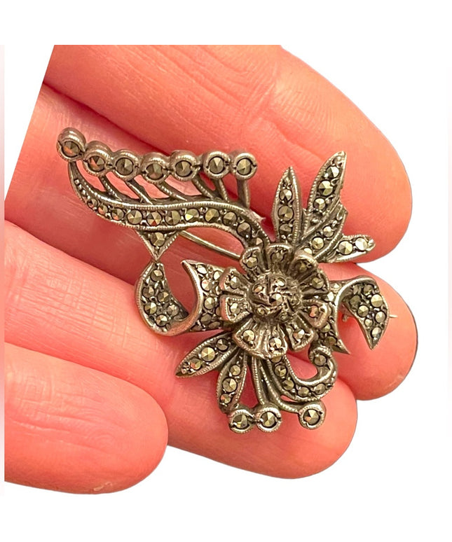 Stunning vintage sterling silver 925 Flower marcasite brooch