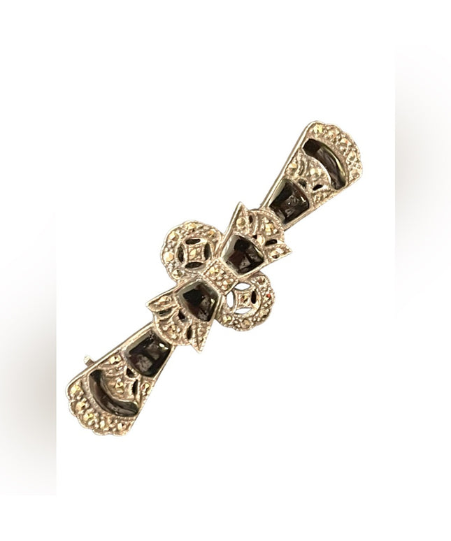 Lovely Art Deco antiqued Marcasite black onyx sterling silver 925 bar brooch
