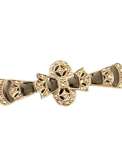 Lovely Art Deco antiqued Marcasite black onyx sterling silver 925 bar brooch