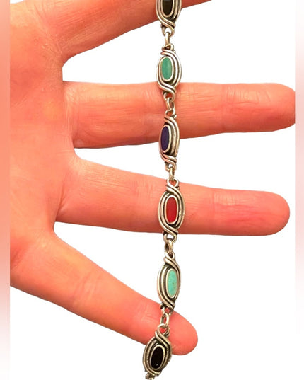 Vintage Southwestern style Sterling silver 925 turquoise onyx lapis bracelet