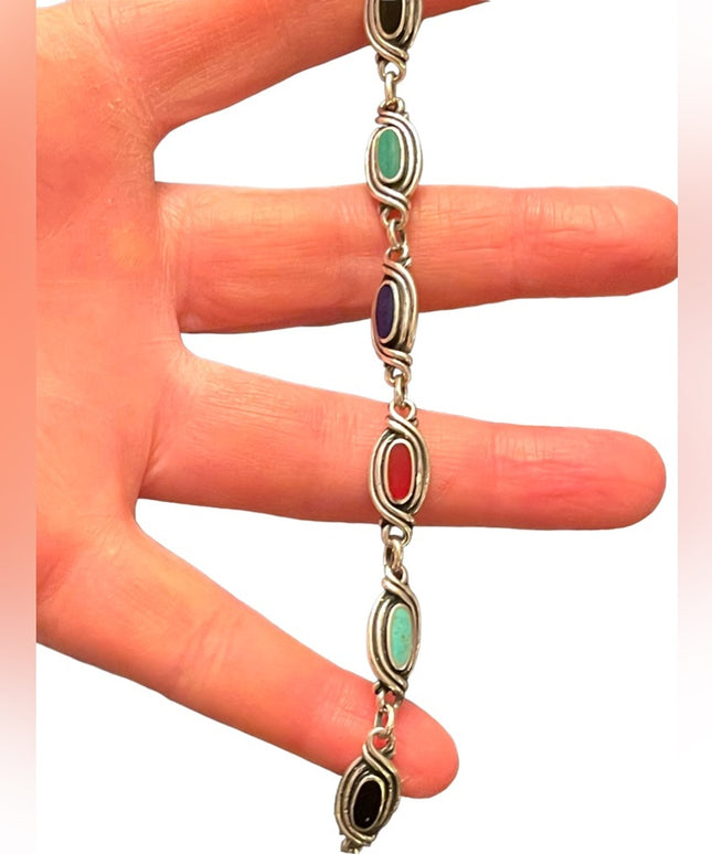 Vintage Southwestern style Sterling silver 925 turquoise onyx lapis bracelet