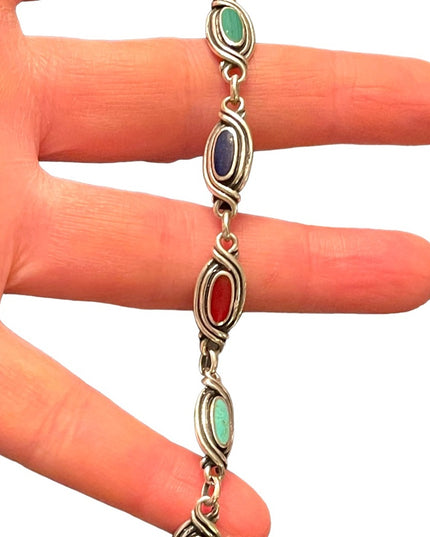 Vintage Southwestern style Sterling silver 925 turquoise onyx lapis bracelet