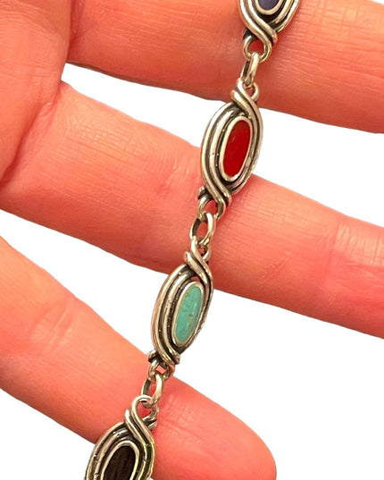 Vintage Southwestern style Sterling silver 925 turquoise onyx lapis bracelet