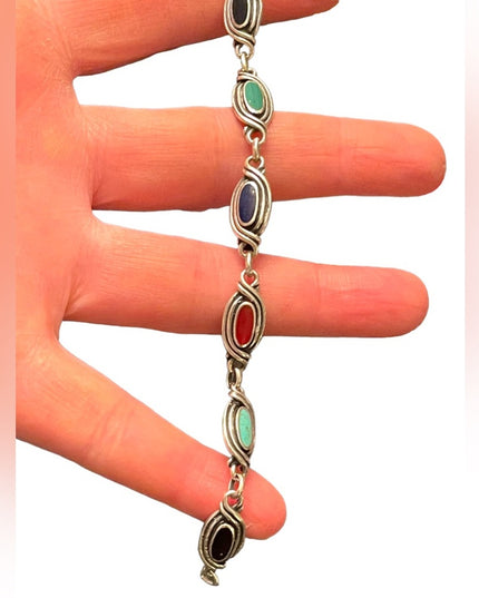 Vintage Southwestern style Sterling silver 925 turquoise onyx lapis bracelet