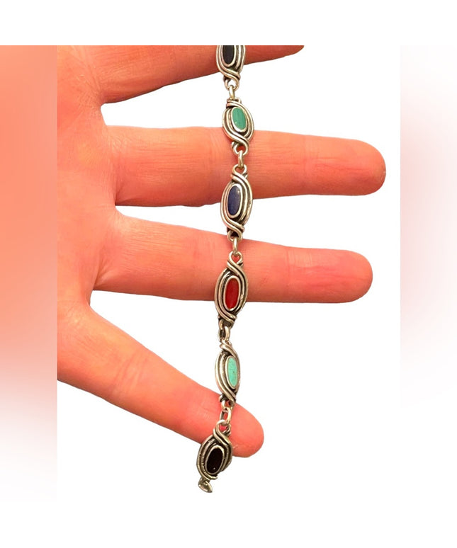 Vintage Southwestern style Sterling silver 925 turquoise onyx lapis bracelet
