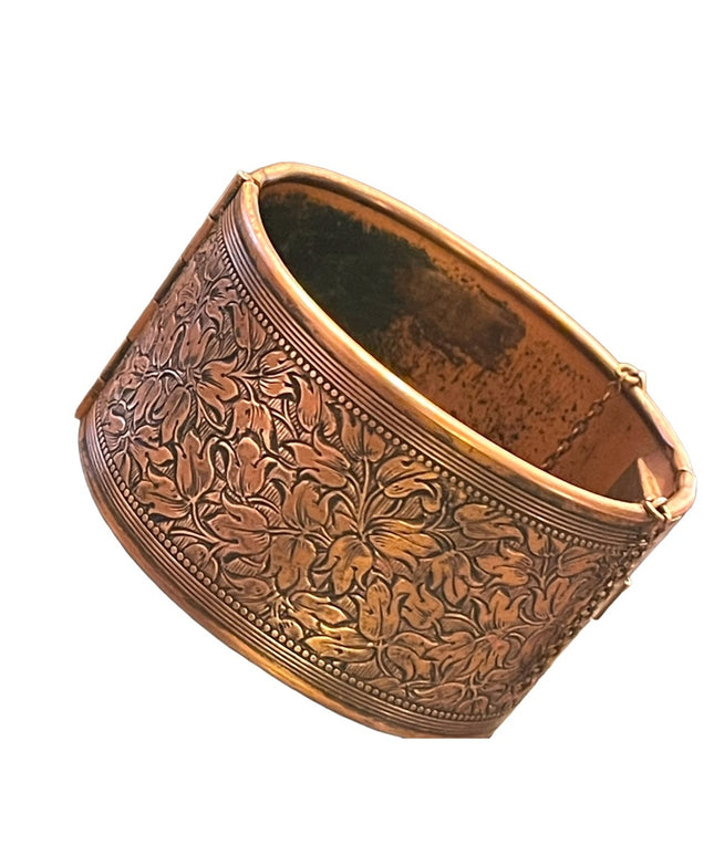 Vintage flower etched hinged COPPER bangle bracelet