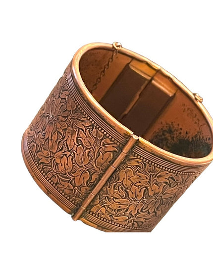 Vintage flower etched hinged COPPER bangle bracelet