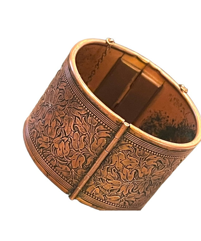 Vintage flower etched hinged COPPER bangle bracelet
