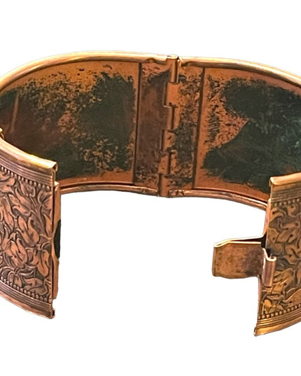 Vintage flower etched hinged COPPER bangle bracelet