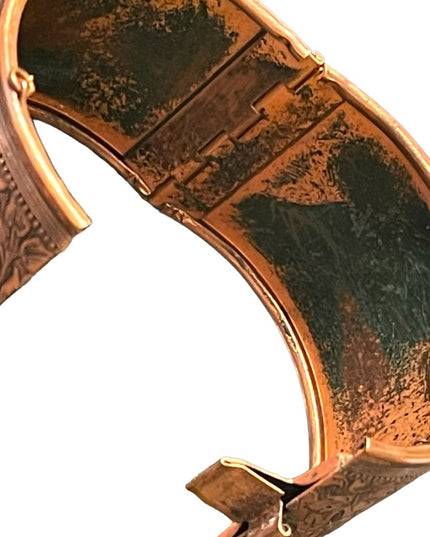 Vintage flower etched hinged COPPER bangle bracelet