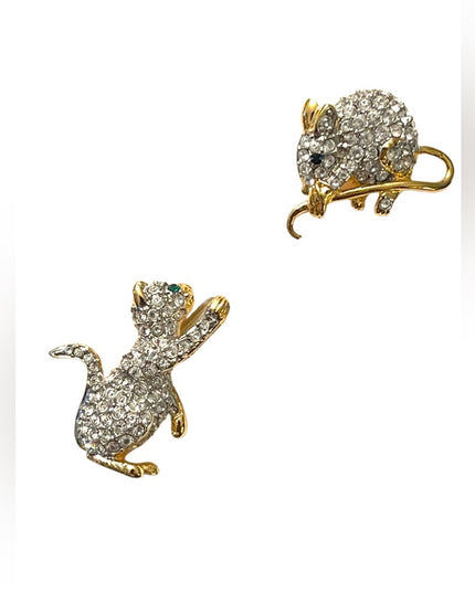 Vintage FAC Butler Cat & Mouse rhinestone crystal gold plt stick pin brooch