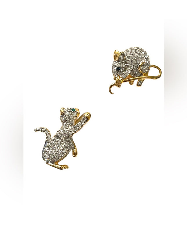 Vintage FAC Butler Cat & Mouse rhinestone crystal gold plt stick pin brooch