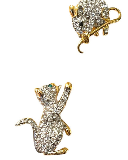 Vintage FAC Butler Cat & Mouse rhinestone crystal gold plt stick pin brooch