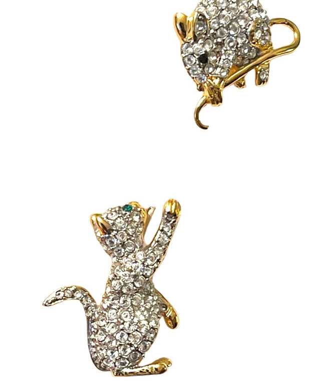Vintage FAC Butler Cat & Mouse rhinestone crystal gold plt stick pin brooch