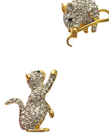 Vintage FAC Butler Cat & Mouse rhinestone crystal gold plt stick pin brooch