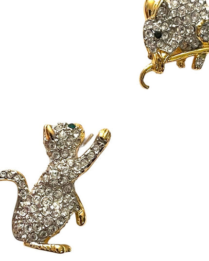 Vintage FAC Butler Cat & Mouse rhinestone crystal gold plt stick pin brooch