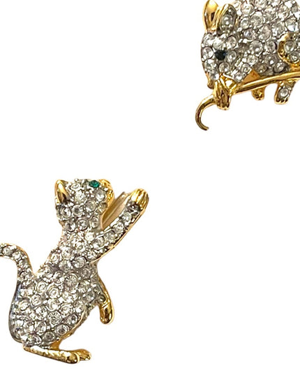 Vintage FAC Butler Cat & Mouse rhinestone crystal gold plt stick pin brooch