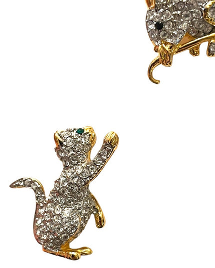 Vintage FAC Butler Cat & Mouse rhinestone crystal gold plt stick pin brooch