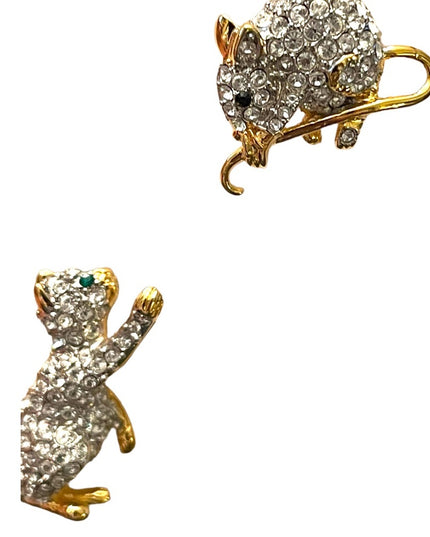 Vintage FAC Butler Cat & Mouse rhinestone crystal gold plt stick pin brooch