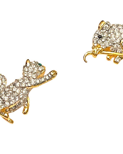 Vintage FAC Butler Cat & Mouse rhinestone crystal gold plt stick pin brooch