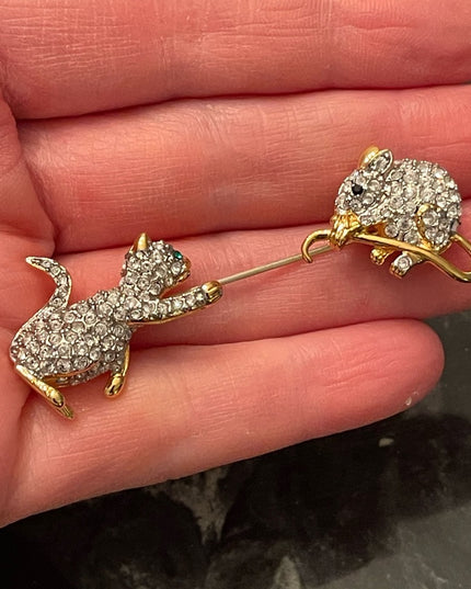 Vintage FAC Butler Cat & Mouse rhinestone crystal gold plt stick pin brooch