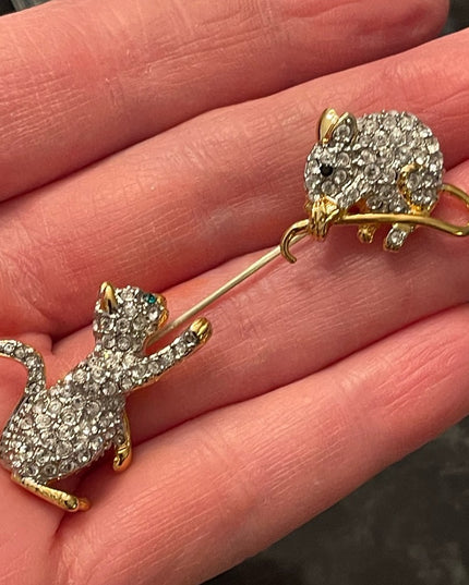 Vintage FAC Butler Cat & Mouse rhinestone crystal gold plt stick pin brooch