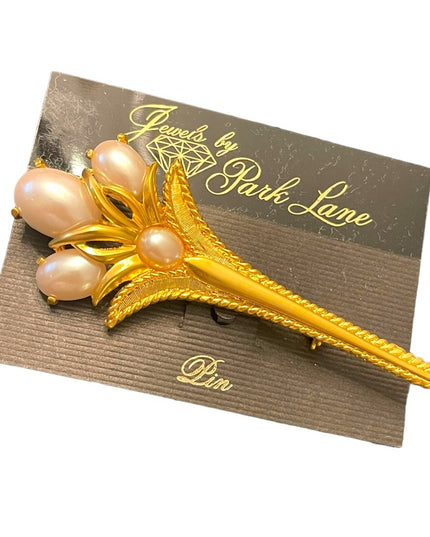 Vintage 1980s faux pearl & gold plate fancy long bar brooch flower New