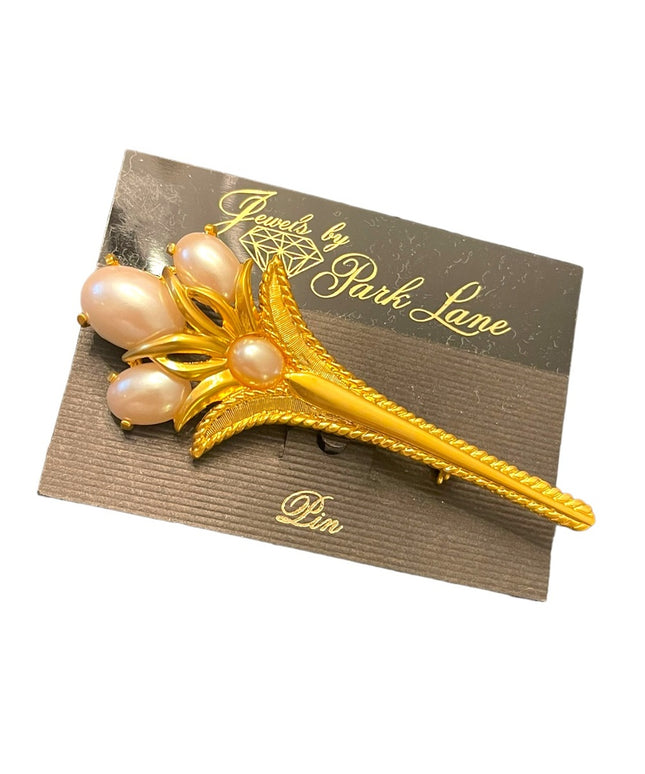 Vintage 1980s faux pearl & gold plate fancy long bar brooch flower New