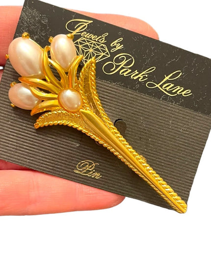 Vintage 1980s faux pearl & gold plate fancy long bar brooch flower New