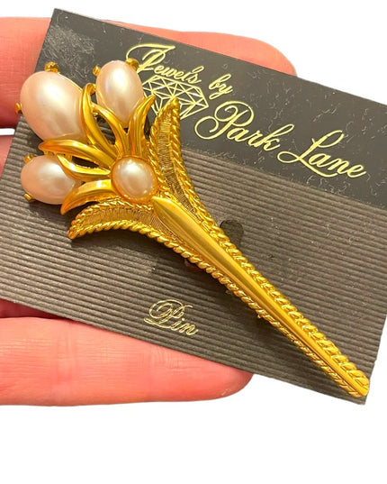 Vintage 1980s faux pearl & gold plate fancy long bar brooch flower New