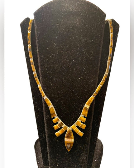 Stunning vintage sterling silver 950 Mexico handmade Tiger eye inlay neclace