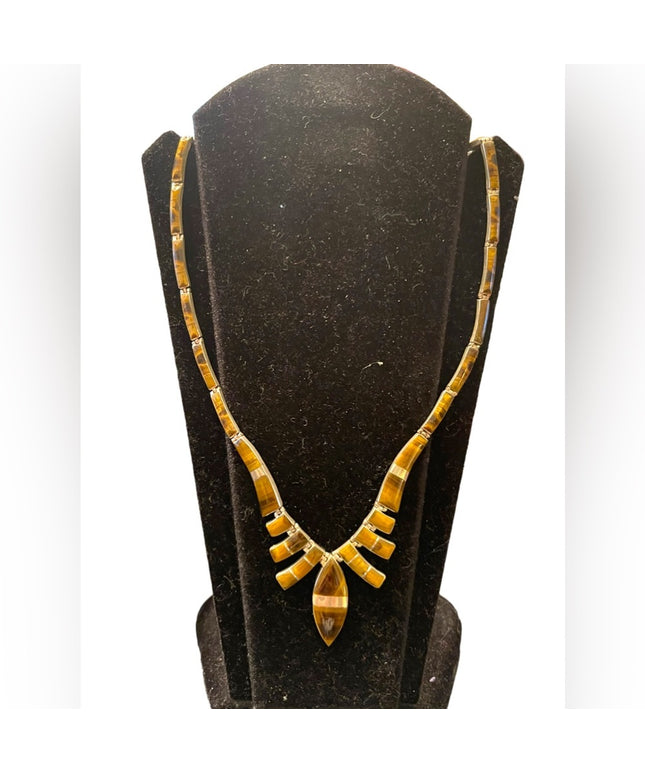 Stunning vintage sterling silver 950 Mexico handmade Tiger eye inlay neclace