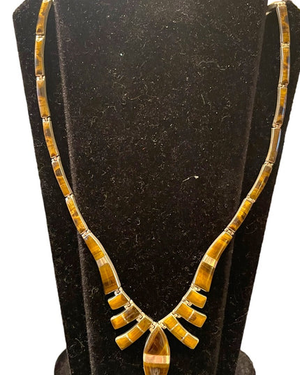 Stunning vintage sterling silver 950 Mexico handmade Tiger eye inlay neclace