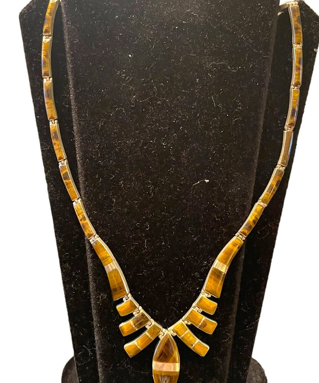 Stunning vintage sterling silver 950 Mexico handmade Tiger eye inlay neclace