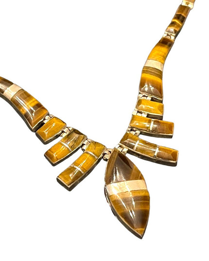 Stunning vintage sterling silver 950 Mexico handmade Tiger eye inlay neclace