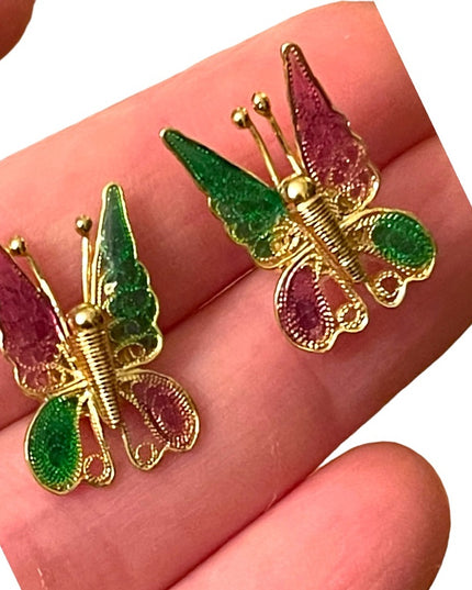 Vintage sterling silver 925 gold plt filagree BUTTERFLY earrings