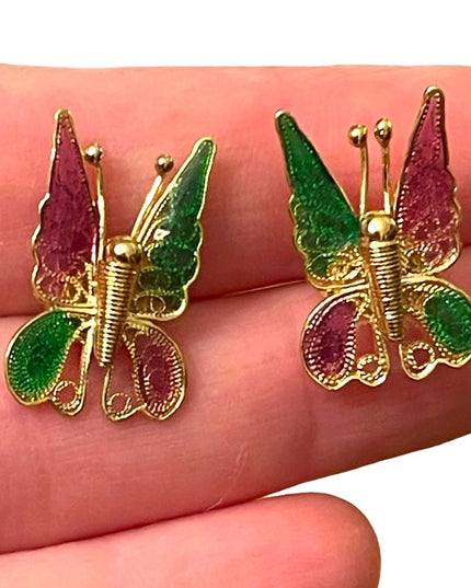 Vintage sterling silver 925 gold plt filagree BUTTERFLY earrings