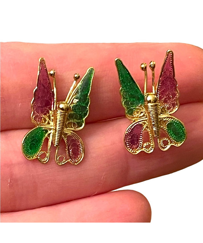 Vintage sterling silver 925 gold plt filagree BUTTERFLY earrings