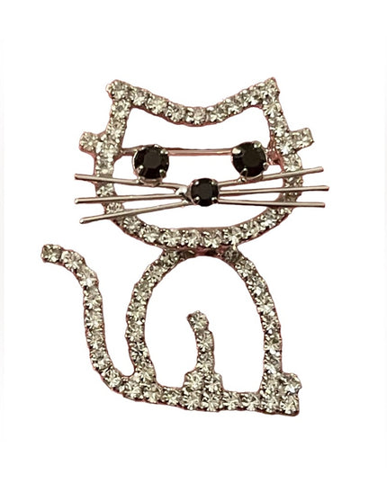 Vintage crystal rhinestone cat kitty brooch silver finish
