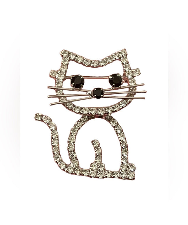 Vintage crystal rhinestone cat kitty brooch silver finish