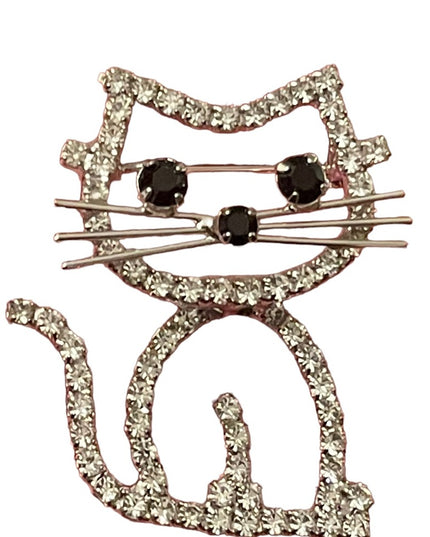 Vintage crystal rhinestone cat kitty brooch silver finish
