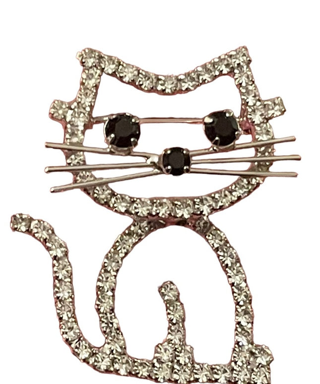 Vintage crystal rhinestone cat kitty brooch silver finish